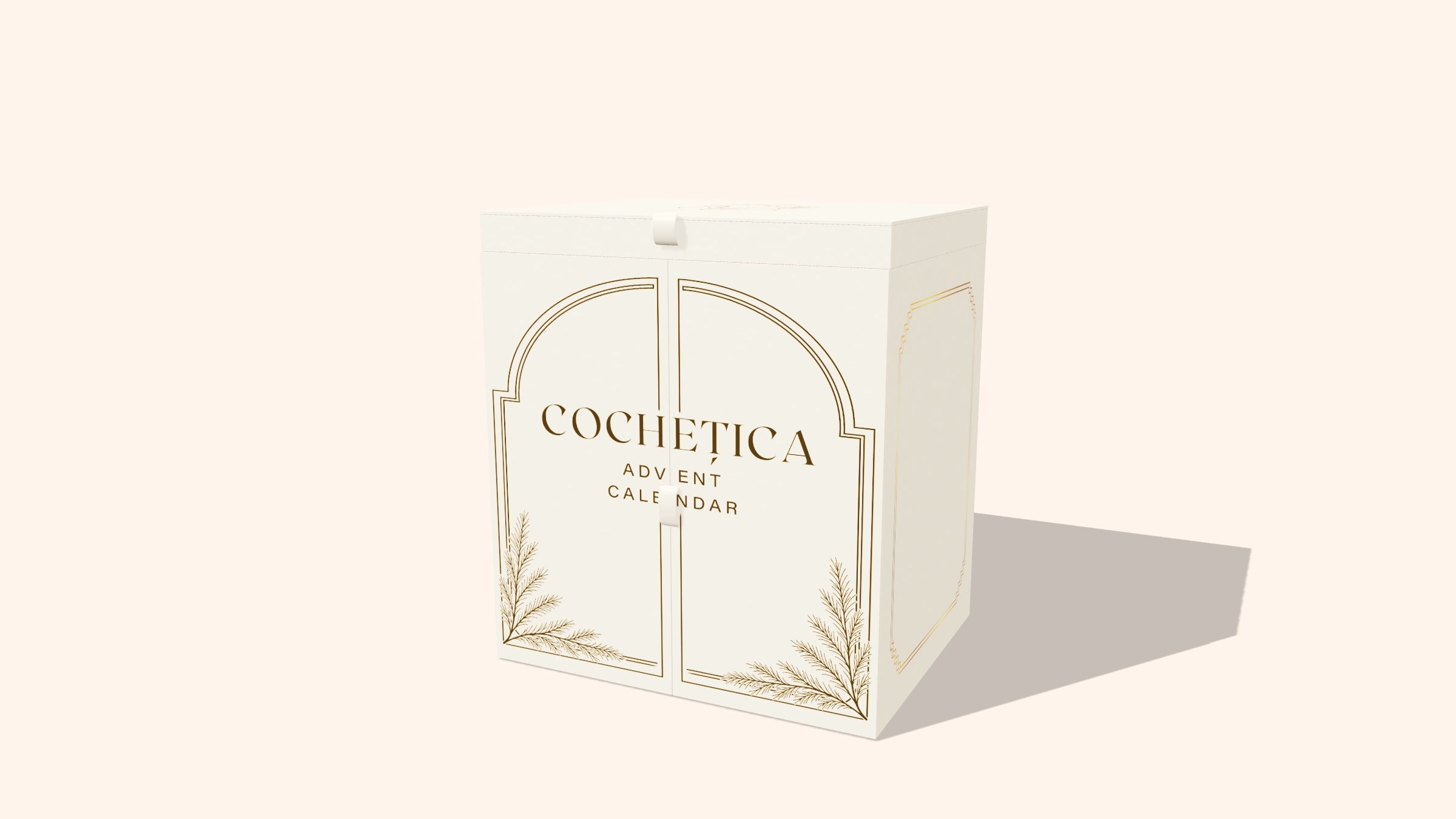 Calendarul Cochețica, crem cu decorațiuni aurii, prezentat închis